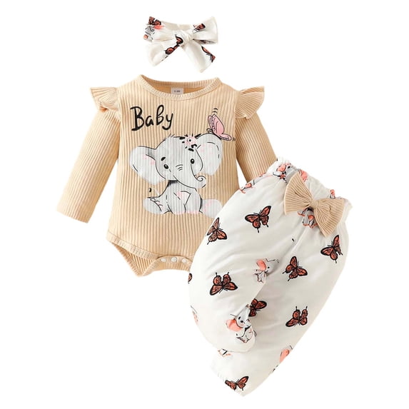 RUTAYY Children Girls Outfit Sets Long Sleeve Ribbed Animal Print Romper Pants Headband Soft Comfortable Playwear Playful Classic Clothing Sets