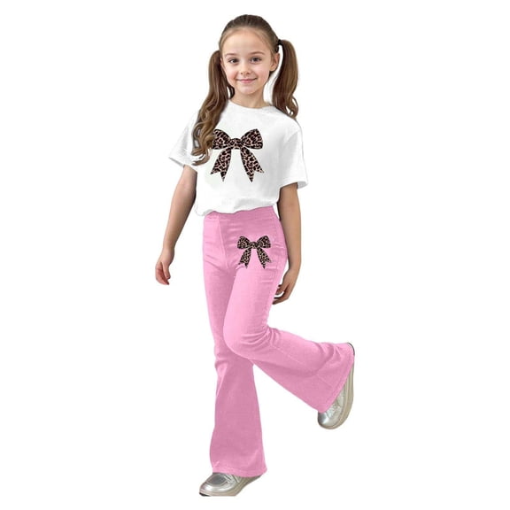 RUTAYY Children Girls Outfit Sets Personality Print Flare Pants and Short Sleeve Round Neck Tops 2 Piece Comfy Elegant Holiday Sets