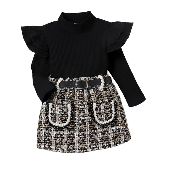RUTAYY Children Girls Outfit Sets Spring Winter Long Sleeve 2 Piece High Neck Ribbed Knit Tops with Plaid Blend Short Skirt and Belt Classic Versatile Sets
