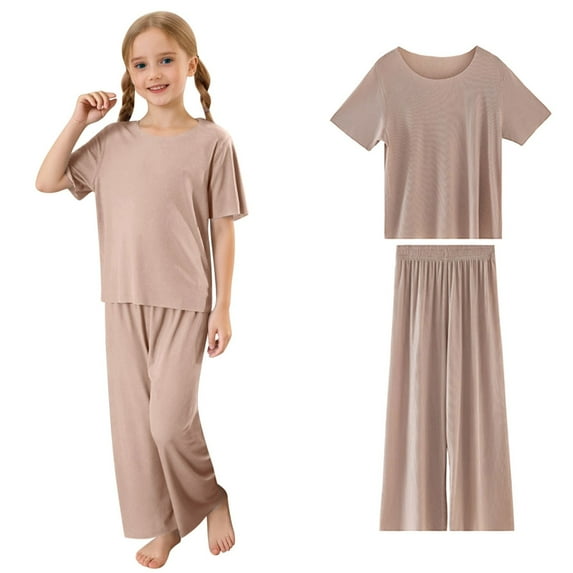 RUTAYY Children Girls Outfit Sets Summer Fall Soft Ribbed Round Neck Short Sleeve Long Pants Set Casual Comfortable Loungewear Casual Daily Wear