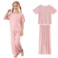 thumbnail image 1 of RUTAYY Children Girls Outfit Sets Summer Fall Soft Ribbed Round Neck Short Sleeve Long Pants Set Casual Comfortable Loungewear Trendy Clothes, 1 of 6