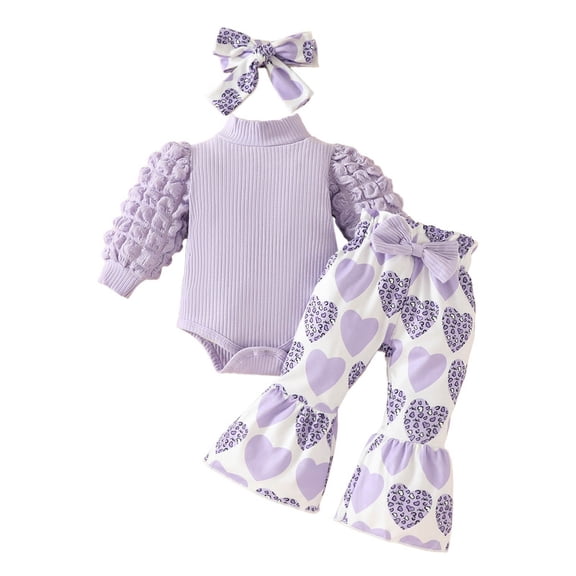 RUTAYY Children Girls Outfit Sets Valentines Day Long Sleeve Bodysuit with Bow Tie Heart Pattern Flared Pants and Headband Ensemble Travel Elegant Sets