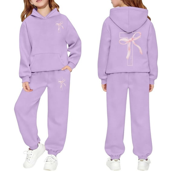 RUTAYY Children Girls Outfits 2 Piece Bow Print Comfortable Casual Hoodies and Pants with Pocket Daily Wear Chic Holiday Clothing Sets