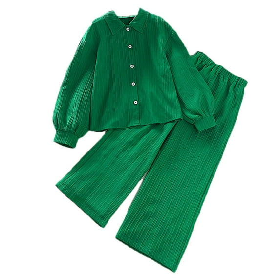 RUTAYY Children Girls Outfits 2 Piece Summer Solid Color Turndown Collar Long Sleeve Green Tops and Pants Fashion Travel Clothing Sets