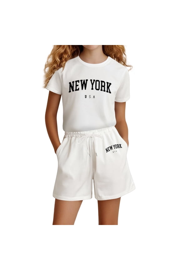 Children Girls Outfits Casual Letter Print Loose Round Neck Short Sleeve T-Shirts and Shorts Suit with Tops Relaxed Holiday Clothing Sets