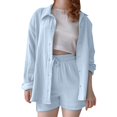 thumbnail image 1 of RUTAYY Children Girls Outfits Sets Casual Summer Fall Solid Color Lapel Long Sleeve Pocket Shirt High Waist Drawstring Pocket Shorts Casual Daily Wear, 9-10 Years, 1 of 9