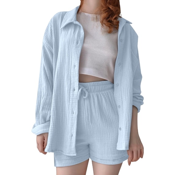 RUTAYY Children Girls Outfits Sets Casual Summer Fall Solid Color Lapel Long Sleeve Pocket Shirt High Waist Drawstring Pocket Shorts Casual Daily Wear, 9-10 Years