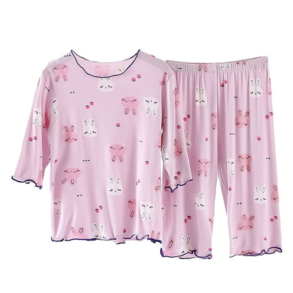 RUTAYY Children Girls Outfits Sets Casual Summer Outfit Round Neck Short Sleeve Top With Elastic Waist Capri Pants Soft Comfortable Indoor Wear Classic Style, 6-7 Years