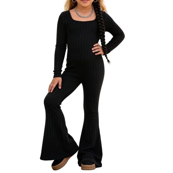 RUTAYY Children Girls Outfits Solid Color Casual Knit Square Neck Tops and Flared Pants Soft Comfortable Playful Vacation Clothing Sets