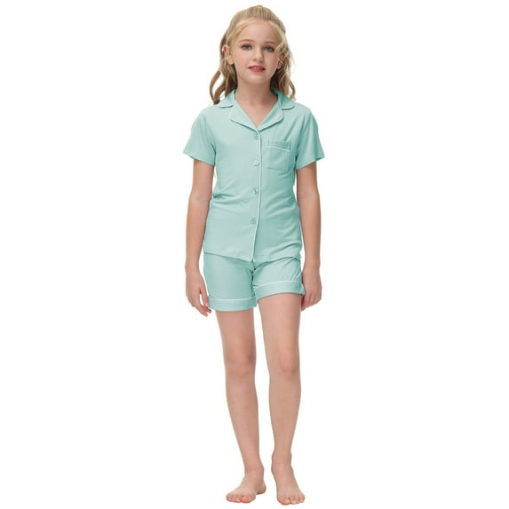 RUTAYY Children Girls Pajamas Solid Color Short Sleeve Shorts Suit Classic & Versatile Homewear, Light Green, 5-6 Years