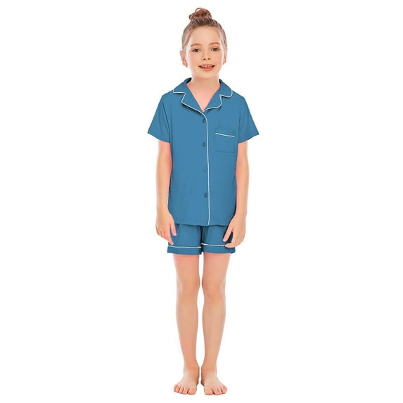 RUTAYY Children Girls Pajamas Solid Color Short Sleeve Shorts Suit Fashionable & Breathable, Sky Blue, 6-7 Years