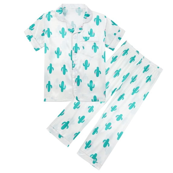 RUTAYY Children Girls Pajamas Summer Fall Cartoon Print Short Sleeve Short Pants Sleepwear Outfits Pyjamas Clothes Fun & Vibrant Designs, Light Blue, 4-5 Years
