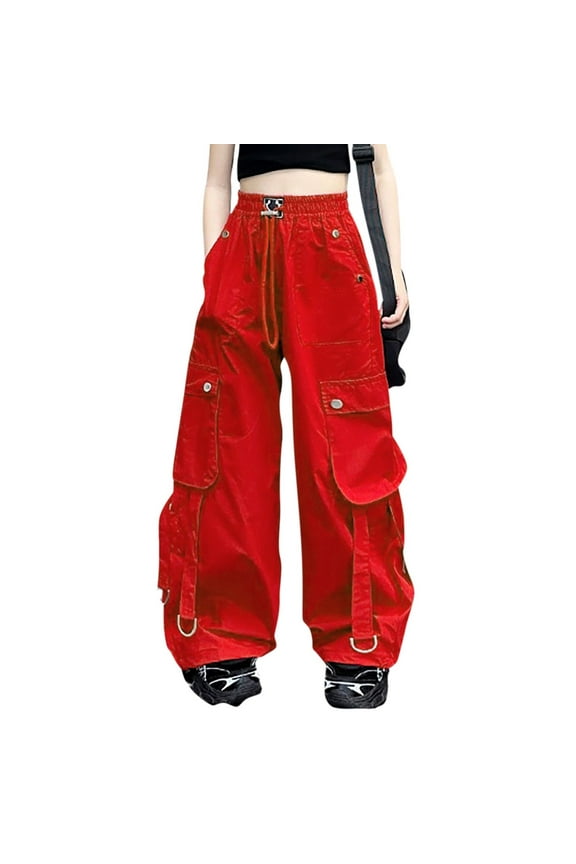Children Girls' Pants High Waist Wide Leg Jogging Casual Overalls Dance And Outdoor Activities Classic Versatile Pants, Red, 6-7 Years