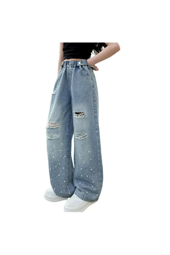 Children Girls' Pants Hole Denim Jeans Vintage Trousers With Wide Leg Casual Daily Wear, Light Blue, 4-5 Years