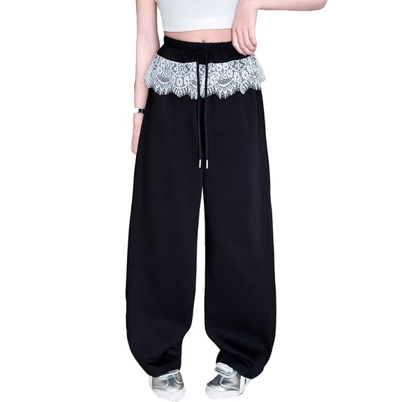 RUTAYY Children Girls' Pants Sweet And Spicy Style Lace Splicing Wide Leg Pants Casual Daily Wear, Black, 6-7 Years