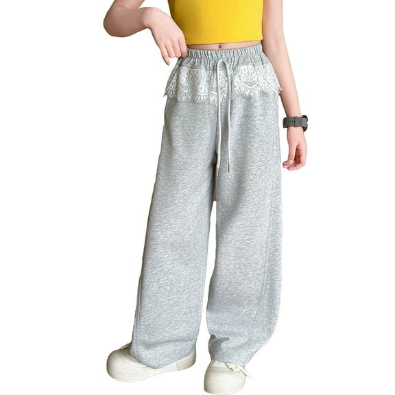 RUTAYY Children Girls' Pants Sweet And Spicy Style Lace Splicing Wide Leg Pants Holiday Vacation Beach, Light Gray, 4-5 Years