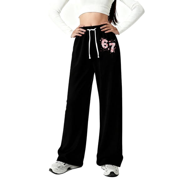 RUTAYY Children Girls Pants Wide Leg Loose Fit 67 Meme Six Seven Print Comfortable with Pockets Soft Stretchy Fabric Daily Wear Casual Holiday Trousers