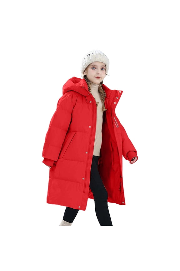 Children Girls Puffer Jacket Solid Color Long Sleeve Warm Winter Long Down Coat with Fill and Insulated Outerwear Cold Weather Trendy Vacation Coat
