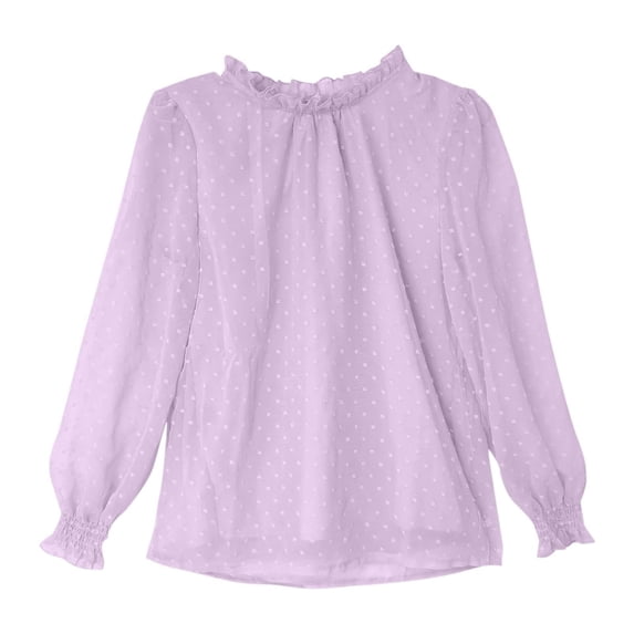 RUTAYY Children Girls Shirt Flocked Mesh Ruffle Blouse Long Sleeve Solid Color with Elastic Stand Collar Party Playful Classic Tops