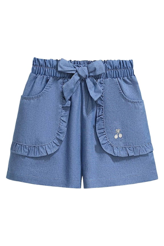Children Girls' Shorts Summer Elastic Waist Bow-Tie Cherry Jeans Bohemian Style, Blue, 5-6 Years