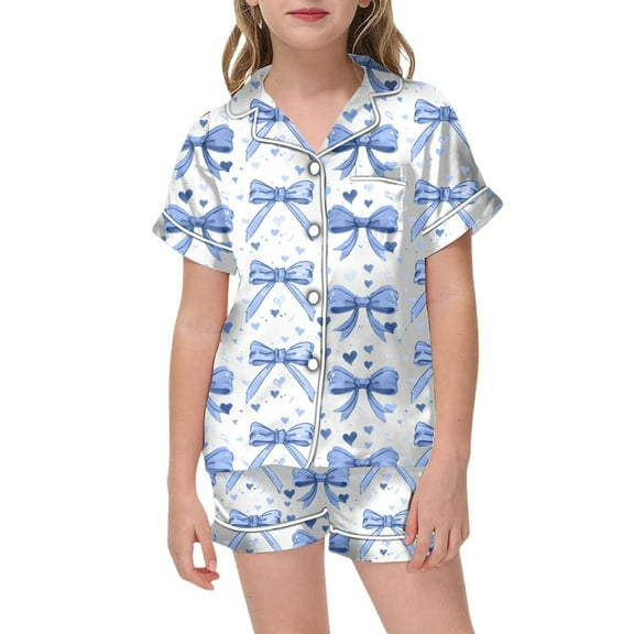 RUTAYY Children Girls Sleepwear Bow Printed Short Sleeved Button Top Shorts Set Dreamy Pjs, Blue, 12-13 Years