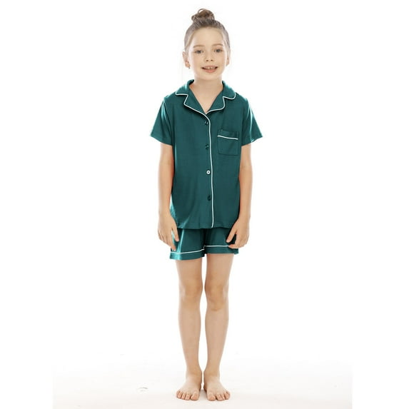 RUTAYY Children Girls Sleepwear Solid Color Short Sleeve Shorts Suit Fashionable Nightwear, Dark Green, 7-8 Years