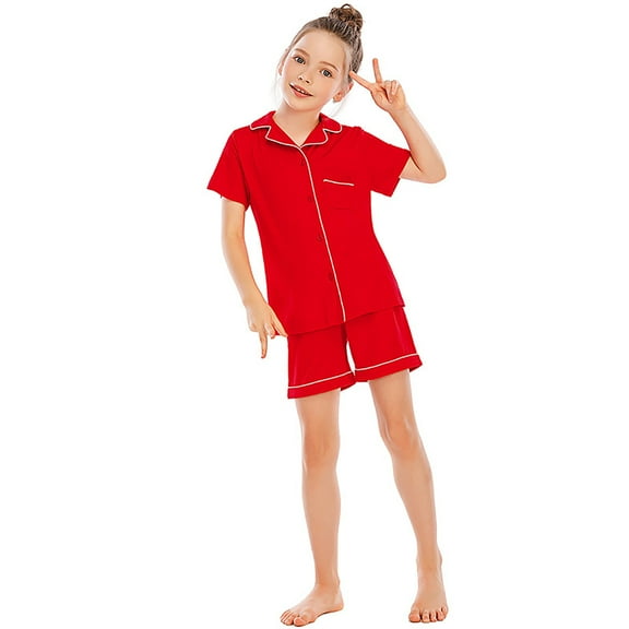 RUTAYY Children Girls Sleepwear Solid Color Short Sleeve Shorts Suit Fashionable Nightwear, Red, 5-6 Years