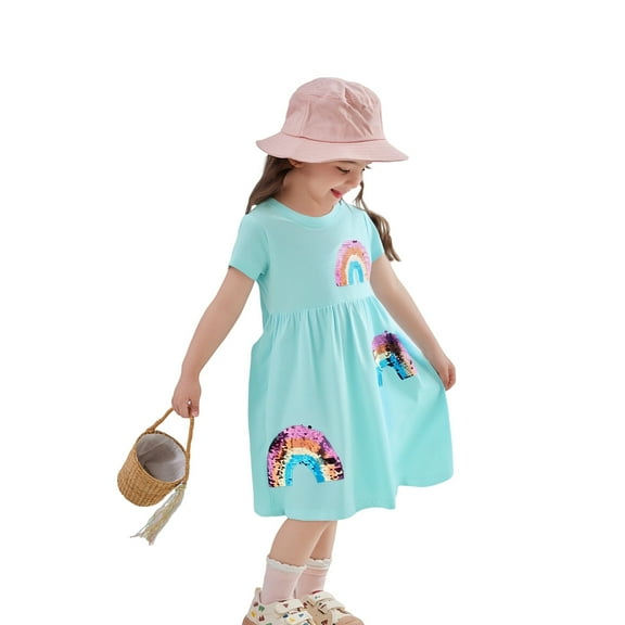 RUTAYY Children Girls Summer Dress Round Neck Sequined Rainbow Cute Embroidery Short Sleeved Princess Casual Sundress, Light Blue, 6-7 Years