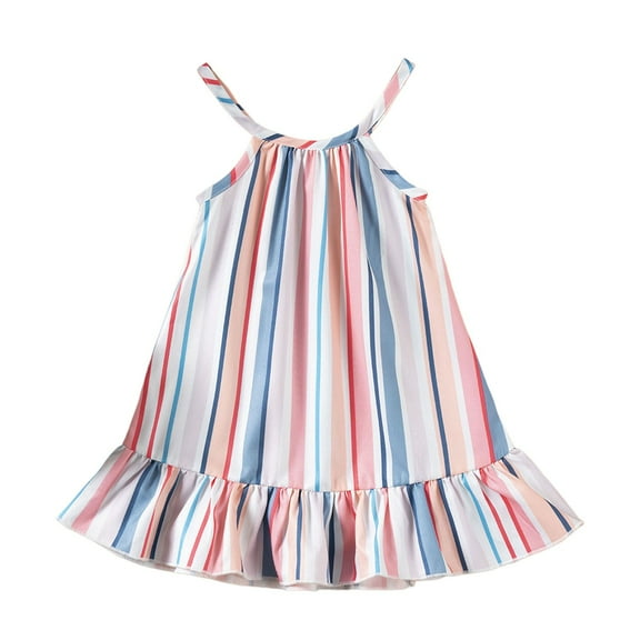 RUTAYY Children Girls Summer Dresses Casual Sleeveless Striped Print With Elastic Waist for Outdoor Party Boho Dresses, Light Blue, 4-5 Years