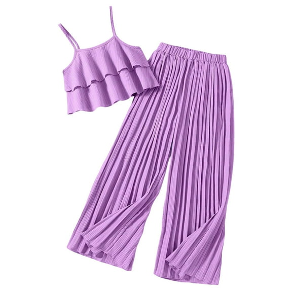 RUTAYY Children Girls Summer Outfits Sets Sleeveless Ruffle Tops Wide Leg Pants Holiday Vacation Beach, Purple, 8-9 Years