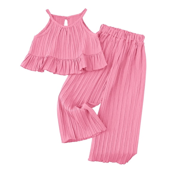 RUTAYY Children Girls Summer Outfits Sets Sleeveless Ruffle Tops Wide Leg Pants Sweet Style, Pink, 5-6 Years