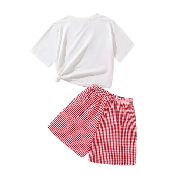 RUTAYY Children Girls Summer Round Neck Heart Print Short Sleeved T Shirt And Red Checkered Short Pants Two Piece Set Cute Dress , White, 11-12 Years