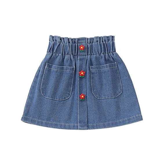 RUTAYY Children Girls Summer Short Skirt High Waist Denim Skirt With Floral Print Casual Stretch Elastic Waistband Fall Outfit Boho Skirt, Sky Blue, 6-7 Years