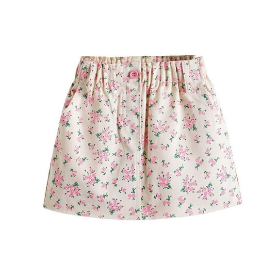 RUTAYY Children Girls Summer Short Skirt Sweet Floral Print Denim Skirt Full Floral Print Denim Skirt Classic Versatile Skirt, Beige, 4-5 Years