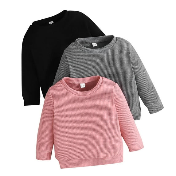 RUTAYY Children Girls Sweatshirt 3-Pack Solid Color Long Sleeve Crewneck Soft Comfortable Casual Daily Wear 1-5 Years Elegant Stylish Pullover Tops