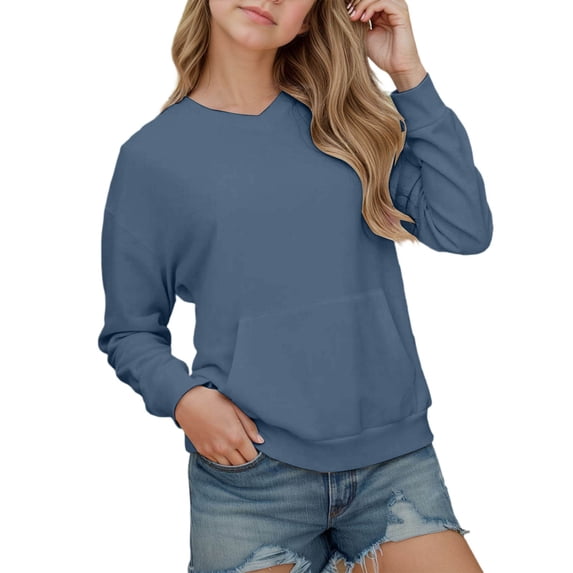 RUTAYY Children Girls Sweatshirt Casual Long Sleeve Solid Color with Pocket Drop Shoulder Cute Loose Fit Tops Chic Versatile Pullover