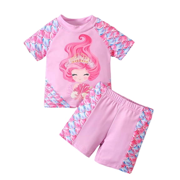 RUTAYY Children Girls Swimsuit Sets Fashion Cartoon Print Short Sleeve Tops with Swim Shorts 2 Piece Outfit Pool Party Summer Swim Beach Swimwear