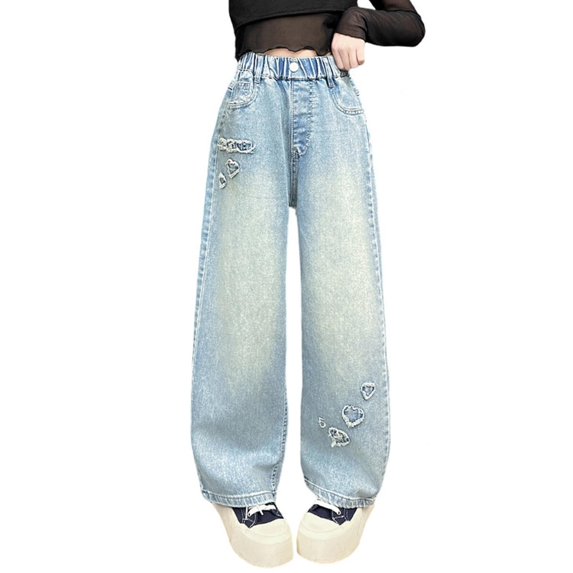 RUTAYY Toddler Girls Fashion Cute Personality Pants Elastic Waist Wide Leg Jeans Casual Demin Pants With Pockets Trouser Cute Pants