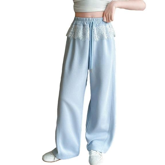 RUTAYY Children Girls' Trousers Sweet And Spicy Style Lace Splicing Wide Leg Pants Quick-Drying Fabric, Blue, 8-9 Years