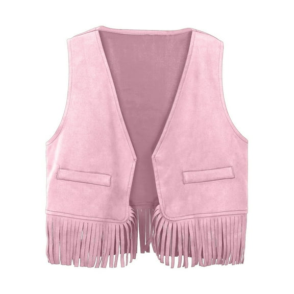 RUTAYY Children's Girls' Camisole Western Cowboy Cow Vest Tassel Fringe Waist Coat Top Party Sweet Style, Pink, 3-4 Years