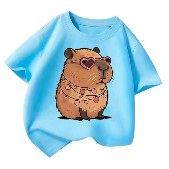 RUTAYY Children's Girls' Tee Shirt Summer Short Sleeve Casual Round Neck Printed Top Comfortable Elegant Stylish Style, Blue, 6-8 Years