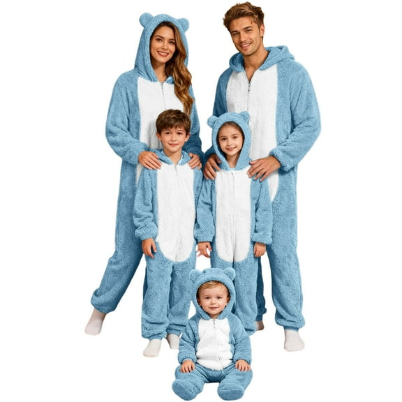 RUTAYY Family Matching Pajamas Christmas Long Sleeve Color Block Cozy Fuzzy Hooded Loungewear Warm Chic Casual Jumpsuits