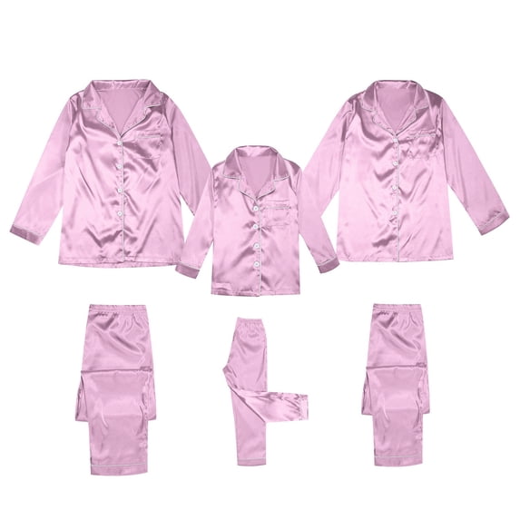 RUTAYY Family Matching Pajamas Satin Silk Button Down Solid Color Loungewear Long Sleeve Silky Nightwear Fashion Playful Sets