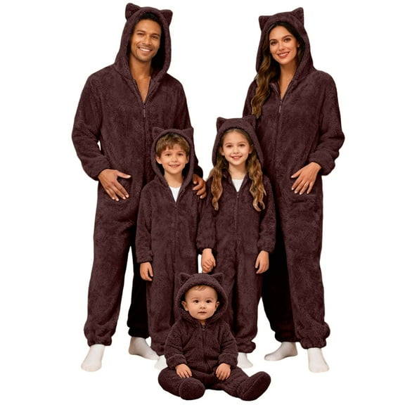 RUTAYY Family Matching Pajamas Solid Color Long Sleeve Adorable Cat Ear Hooded Full Romper Fashion Travel Jumpsuits