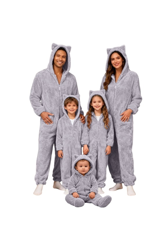 Family Matching Pajamas Solid Color Long Sleeve Adorable Cat Ear Hooded Full Romper Travel Elegant Jumpsuits