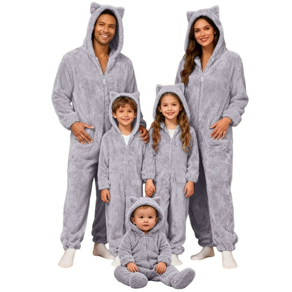 RUTAYY Family Matching Pajamas Solid Color Long Sleeve Cat Ear Hooded Loungewear Soft Fuzzy Trendy Vacation Jumpsuits