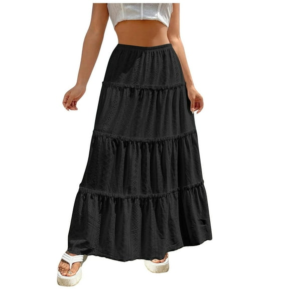 RUTAYY Fashionable Women Beach Vacation Layered Ruffle Hem Long Skirt Hollow Gathered Cake Skirt Solid Color Flowy Swing Pleated Beach Skirts