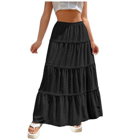 RUTAYY Fashionable Women Beach Vacation Layered Ruffle Hem Long Skirt Hollow Gathered Cake Skirt Solid Color Flowy Swing Pleated Beach Skirts