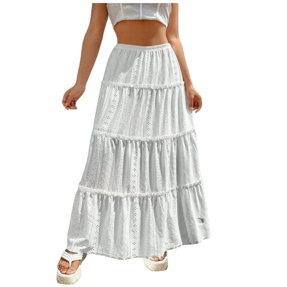 RUTAYY Fashionable Women Beach Vacation Layered Ruffle Hem Long Skirt Hollow Gathered Cake Skirt Solid Color Flowy Swing Pleated Beach Skirts