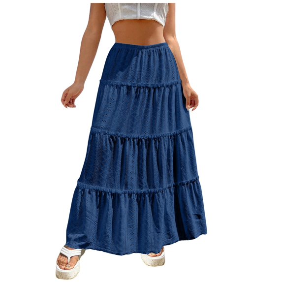 RUTAYY Fashionable Women Beach Vacation Layered Ruffle Hem Long Skirt Hollow Gathered Cake Skirt Solid Color Smocked Boho Pleated Skirts